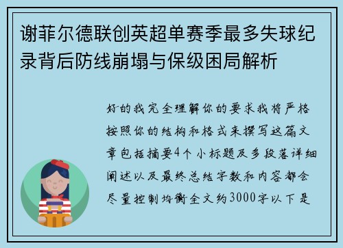 谢菲尔德联创英超单赛季最多失球纪录背后防线崩塌与保级困局解析 谢菲尔德联创英超单赛季最多失球纪录背后防线崩塌与保级困局解析