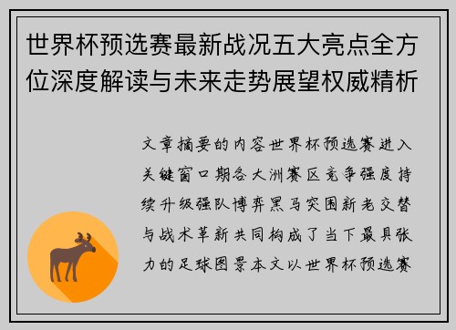世界杯预选赛最新战况五大亮点全方位深度解读与未来走势展望权威精析
